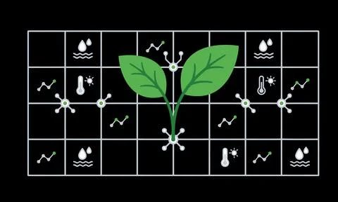 Plant Sprouting Two Leaves On Tech Grid Background Stock Illustration