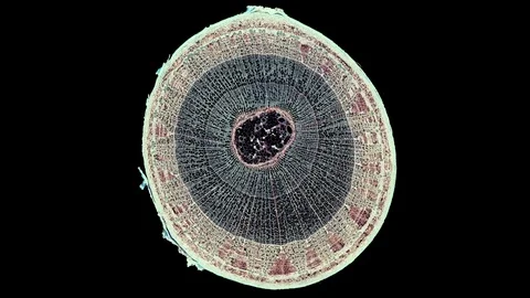 Plant stem - cross section cut microscope – view of cells botanic education Stock Footage 108726390