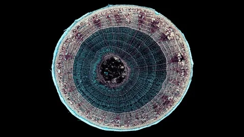 Plant stem - cross section cut microscope – view of cells botanic education Stock Footage 108736407