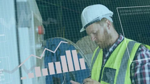 Plant tech pressing red control, adjusting wires, logging data while tablet Stock Footage 335465550