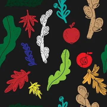 Plant  texture pattern, leaves, branches, fruits. Scandinavian style, linocut Stock Illustration