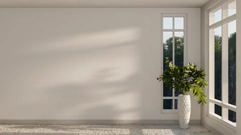Plant in vase aside window on white wall and marble floor corridor or hallw.. Stock Illustration