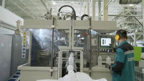 Plant Worker setting up the industrial machine for the production process Stock Footage 241124605