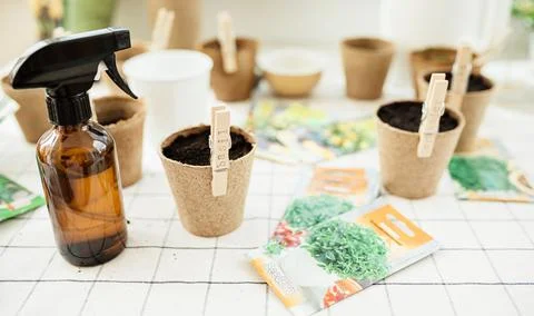 Planted herbs in peat pots. Stock Photos
