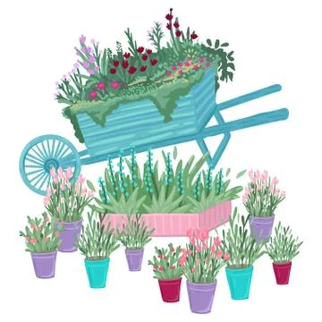 Planted trolley and set of a potted plants, flowers and grass. Vector isolated Stock Illustration