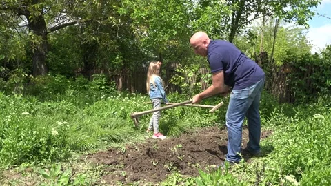 Planting, Farmer Man Digging and Gardening, Child Cultivating Vegetables Stock Footage 331841741