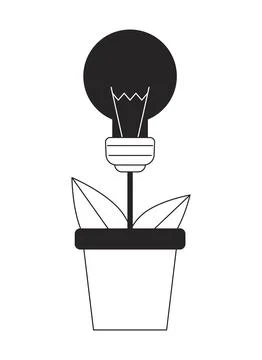 Planting light bulb in pot flat line black white vector object 스톡 일러스트