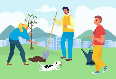 Planting tree at nature, vector illustration, flat man woman person make garden Stock Illustration
