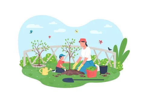 Planting tree together 2D vector web banner, poster Illustrazione stock