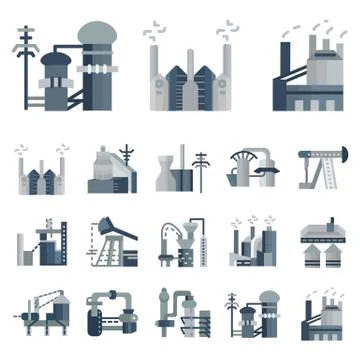 Plants and factories flat vector icons Illustrazione stock
