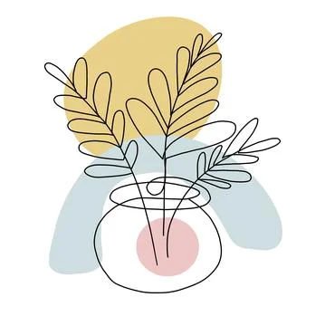 Plants are drawn with one line. Illustration of tropical leaves in a vase. Stock Illustration
