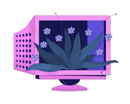 Plants covering computer screen 2D linear illustration concept 스톡 일러스트
