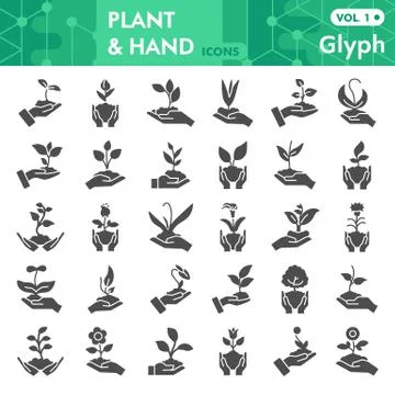 Plants in hands solid icon set, gardening symbols collection or sketches Stockillustratie