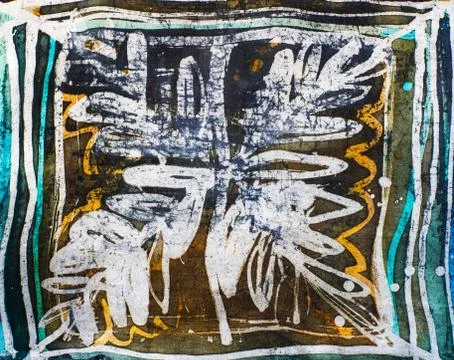 Plants, hot batik, background texture, handmade on silk, abstract surrealism  Stock Illustration