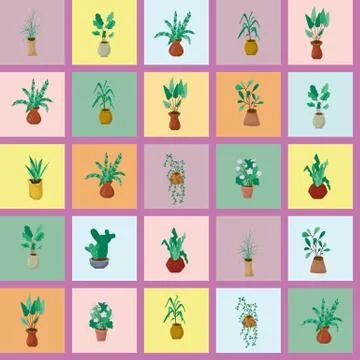 The plants in pots. Bright rectangles. Tablecloth fabric factory pattern. Illustrazione stock