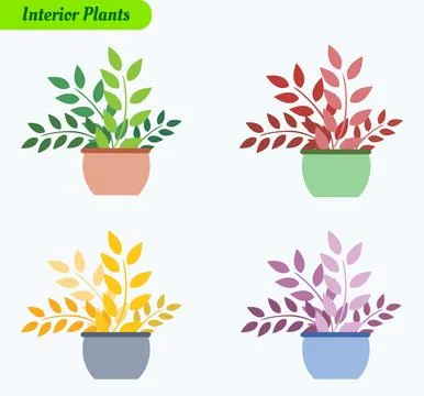 Plants with pots flat vector icon set. Set of 4 icons Stock Illustration
