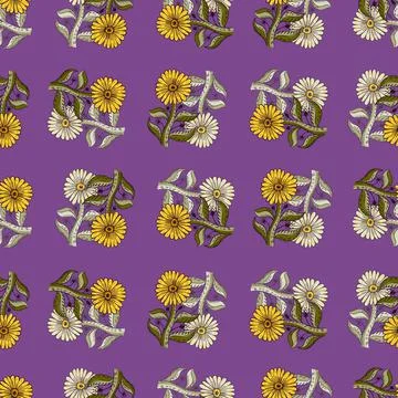 Plants seamless pattern with grey and yellow sunflower shapes print. Purple b Stock Illustration