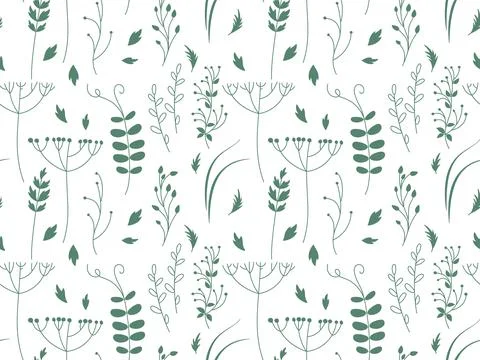 Plants seamless vector pattern. Linear green on white doodle sketch. Leaves Illustrazione stock