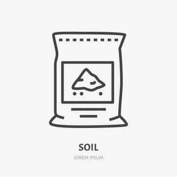 Plants soil in bag flat line icon. Vector thin sign of ground pachage, cement Illustrazione stock
