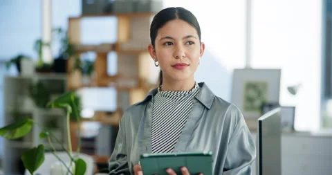 Plants, tablet and thinking with business woman in green office for net zero Stock Footage 321112869