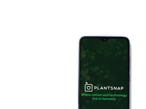 PlantSnap app launch screen with logo on the display of a black mobile smartp Stock Photos