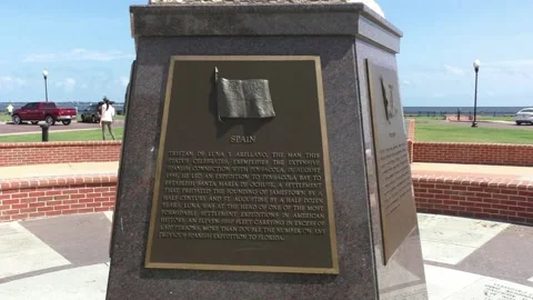 Plaque below a statue of Don Tristán de Luna Stock Footage 138408705