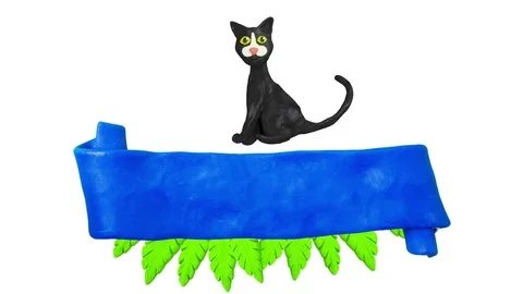 Plaque with leaves and Cat. Background for summer design. Alpha matte. Clay Stock Footage 74174674