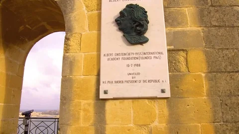 A plaque on a wall dedicated in 1988 to the memory of Albert Einstein. Stock Footage 99853205