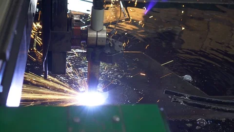Plasma cutting machine for metal, thick sheet of metal lies in water tank Stock Footage 120064798