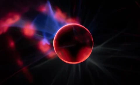 Plasma globe shows atom core. Electric sparks move around. Atom core shines r Stock Photos