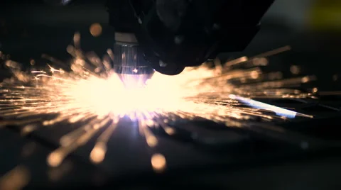 Plasma laser cutting metal sheet with sparks Stock Footage