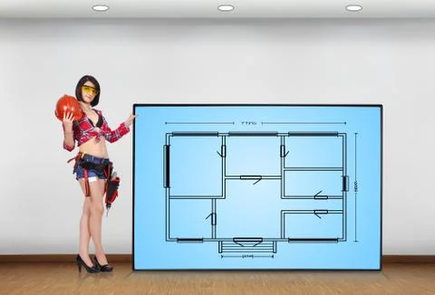 Plasma panel with blueprint Stock Photos