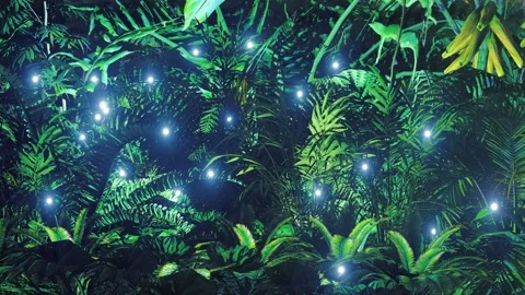 Plasma small lights fly over tropical plants. Fireflies soaring in the night. Stockbeeldmateriaal 131606302