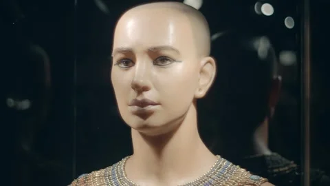 Plaster bust of young Tutankhamen, named as as a solar child Video stock 323937326