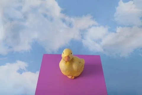A plaster duck on a pink cube in front of a blue sky with clouds. Stock Photos