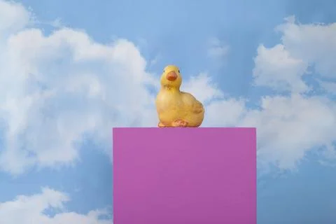 A plaster duck on a pink cube in front of a blue sky with clouds. Stock Photos