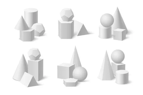 Plaster figures compositions. White pyramid, cylinder and cube, ball and polygon Illustrazione stock