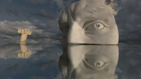 Plaster head with eyes  on mirror with column symbol and clouds, time lapse Stock Footage 116411916
