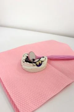 Plaster models of teeth with denture and dental mirror Stock Photos