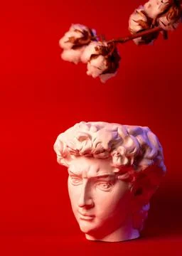 Plaster pot in the form of David's head on a red background. Stock Photos