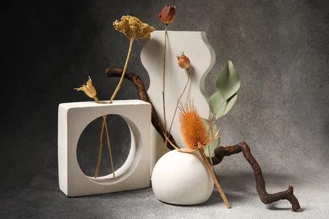 Plaster stands and different dried flowers on black grunge background Stock Photos