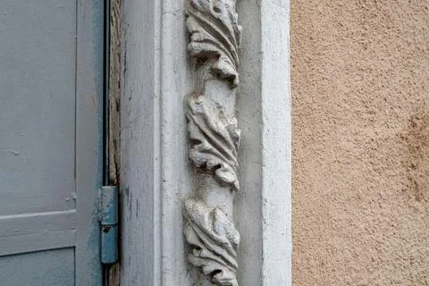 Plaster white sculpture decorative pattern, retro street wall design. Stock Photos