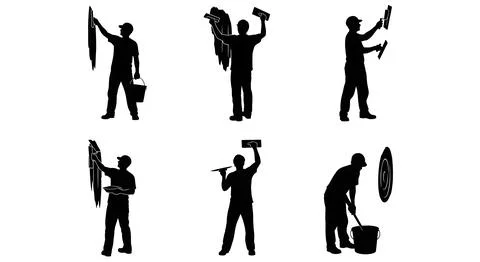 Plasterer Applying Stucco Silhouette Set Stock Illustration
