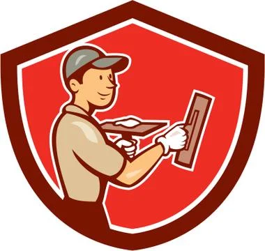 Plasterer masonry worker shield cartoon Stock Illustration