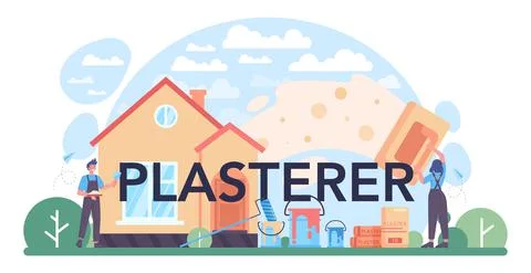 Plasterer typographic header. People in the uniform paint the wall with paint Stock Illustration