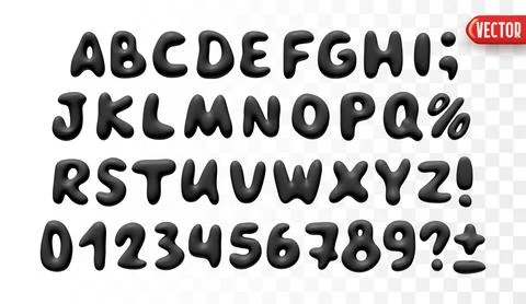 Plastic 3d realistic font liquid shapes black colors. A set of letters and nu Stock Illustration