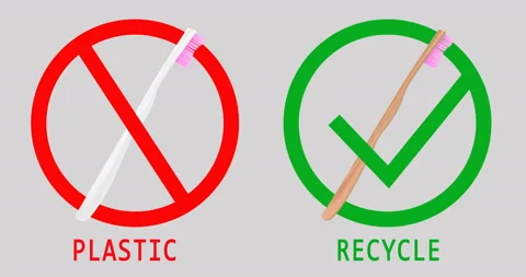 Plastic and bamboo toothbrushes. Warning sign. Zero waste. 4K video Stock Footage 106668823