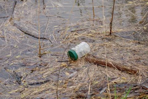 Plastic and bottle in river, garbage pollution Stock Photos