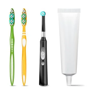 Plastic And Electric Toothbrush, Toothpaste Tube Vector. Mock Up For Branding Stock Illustration