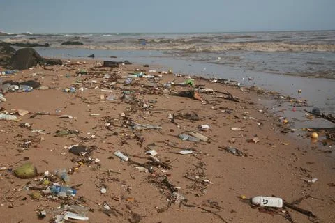 Plastic and garbage on the beach sand Stock Photos